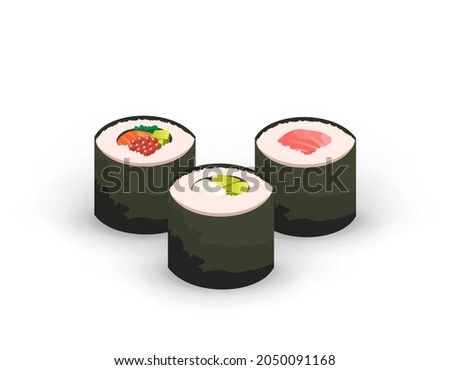 Assorted rolls with different types. Japanese food. Traditional Asian meal. Vector illustration for cafe, restaurant, menu, cards, prints, stickers