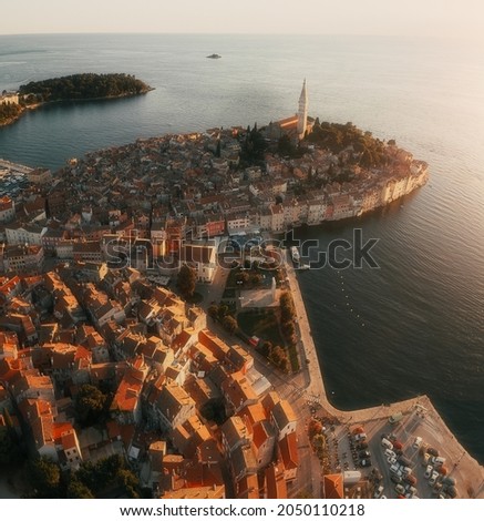 Drone picture of old town Rovinj before sunset, Croatia