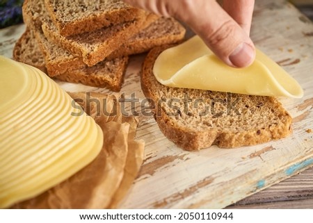 Sliced pieces of cheese on rustic wooden background, cheese sandwiches Royalty-Free Stock Photo #2050110944