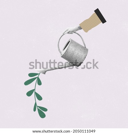 Save Earth. Ecology concept. Contemporary art collage of human hand wotering plant with watering can. Take care of nature. Concept of nature, water, life, ecology. Copy space for ad Royalty-Free Stock Photo #2050111049