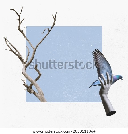 Winter is coming. Change of season. Creatove artwork of f leafless tree and hand holding dove. Migratory birds. Retro style. Concept of seasons, weather, time cycle. Copy space for ad