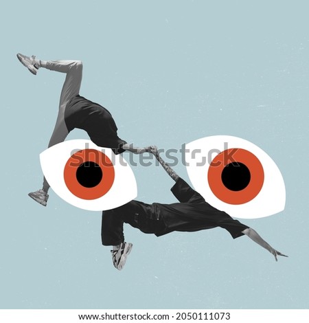 Friday night out. Party. Contemporary art collage of two contempoary dancers and big drawn eyes isolated over pastel blue background. Concept of party, friends, dance, enjoyment, ad Royalty-Free Stock Photo #2050111073