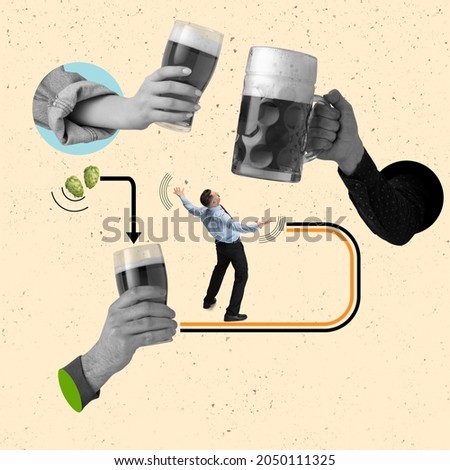 Making alcohol. Creative artwork of beer life cycle. Hops, beer glas, ezcited man and people clinking glasses. Concept of festival, national traditions, drinks, Oktoberfest. Copy space for ad