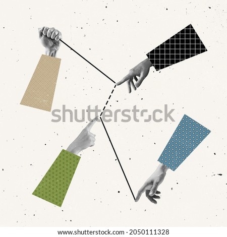 Team work. Contemporary art collage of human hands drawing graph. Creating profitable projects. Retro, vintage style. Concept of business, career, employers, team. Copy space for ad Royalty-Free Stock Photo #2050111328