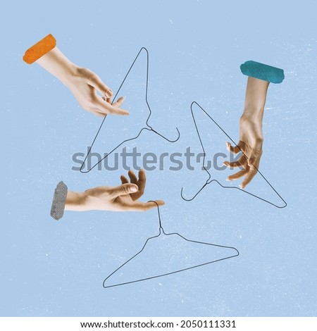 Black Friday. Sales time. Contemporary art collage of human hands holding clothes hangers isolated over blue background. Conept of shopping, sales, clothes, fashion. Copy space for ad