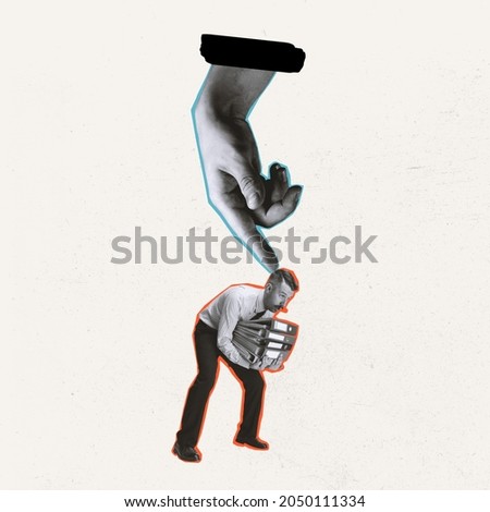 Under work pressure. Deadlines. Contemporary art collage of employee holding folders and hand making pressure isolated over pastel background. Unusual art. Concept of business, work. Copy space for ad