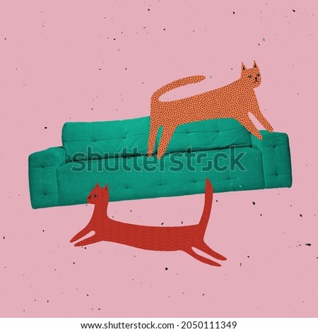 Home comfort. Contemporary art drawn collage of cozy flat with cats on green sofa isolated over pink background. Retro, vintage style. Concept of coziness, home, comfort, warmth. Copy space for ad