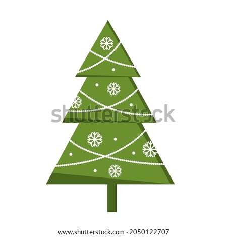 Green Christmas tree icon with snowflake, garland. Isolated on white background. Vector illustration