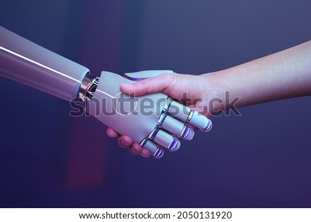 Digital robot handshake human background futuristic digital age robot science digital technology  Royalty-Free Stock Photo #2050131920