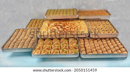 Baklava shop.Traditional array baklava in turkish dessert shop. Mixed tray baklava, turkish baklava, turkish culture. 