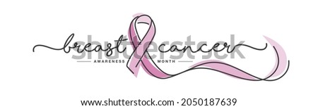 Breast cancer awareness month handwritten typography creative pink ribbon symbol line design vector illustration banner Royalty-Free Stock Photo #2050187639