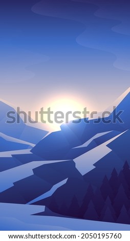 Calm mountain illustration. Morning sun on snowy hills landscape.