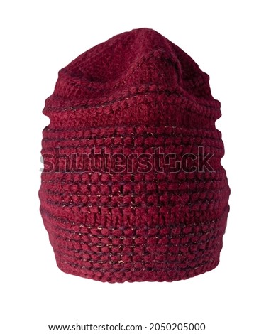 dark red hat  knitted isolated on white background. warm winter accessory