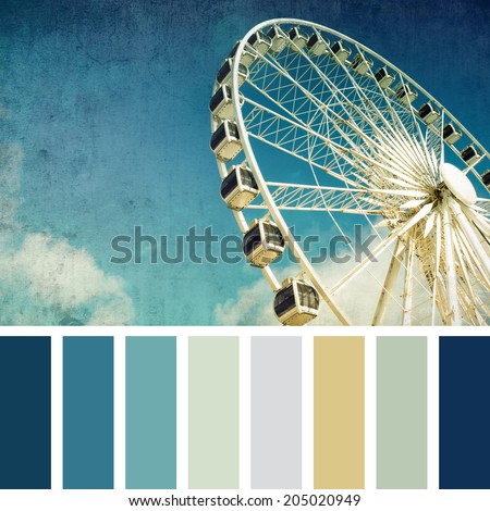 A ferris wheel, vintage style,  in a colour palette with complimentary colour swatches