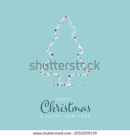 Minimalist Christmas flyer card temlate with white snowflakes on a christmas tree icon shape and light blue background with decorative white red and blue circle dots