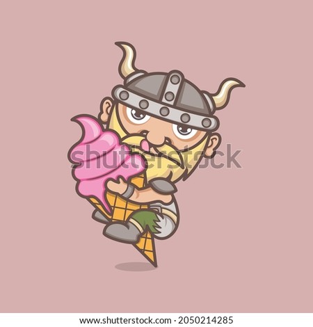 cute cartoon viking character with icecream. vector illustration for mascot logo or sticker
