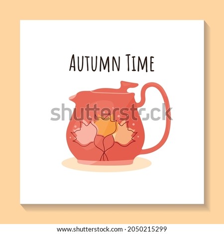 Stylized flat strawberry teapot with different autumn foliage. Vector hand drawn picture for print, cards, covers.