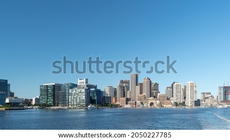 Panoramic view of Boston Harbor as seen from the sea.