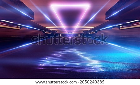 Abstract night futuristic neon city. Illuminated neon tunnel, corridor, night lights, wet asphalt. Neon, signs, reflections, movement. Street dark scene. 3d illustration 