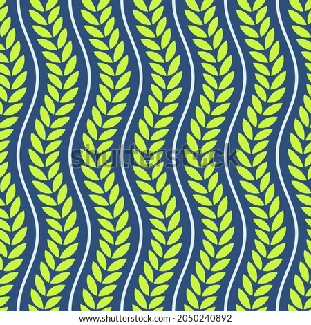 Seamless vector pattern with decorative green leaves and wavy lines, isolated on blue background. Flat design. Color floral background. 