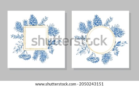 Hand drawn Christmas and New Year invitation card. Hand drawn vector illustration of retro wreath on light background. Winter holiday collection