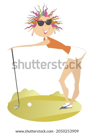 Funny golfer woman on the golf course illustration. Cartoon smiling golfer woman in sunglasses with golf club on the golf course isolated on white