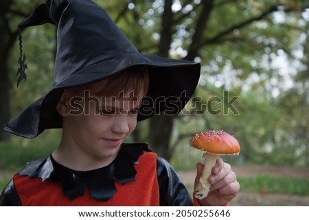 Portrait of a witch. A girl dressed as a witch holds an amanita in her hand. A mushroom for a witch's potion. Beautiful stylish picture in the forest