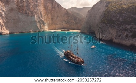 Navagio beach shipwreck bay and pirate ship aerial