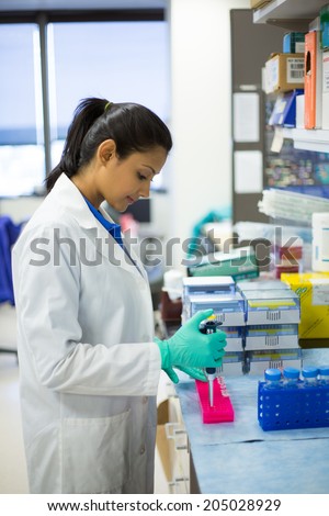Closeup portrait, young scientist in labcoat doing experiments in lab, academic sector. Royalty-Free Stock Photo #205028929