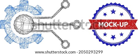 Net gear solution model icon, and bicolor dirty Mock-Up watermark. Flat framework created from gear solution symbol and crossed lines. Vector watermark with scratched bicolored style,