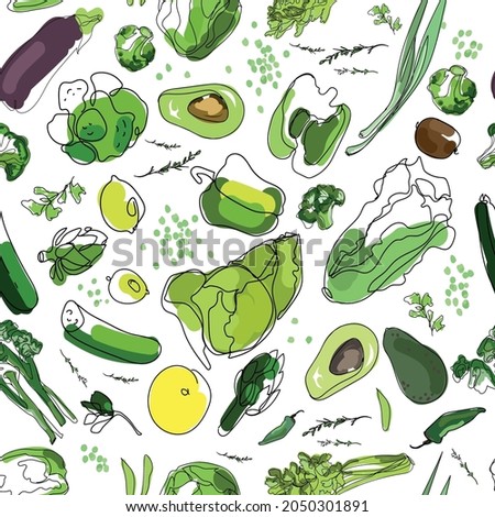 farm eco fresh green vegetables seamless pattern on white background, cut in line art style, vector illustration