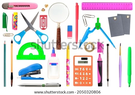 Set of stationery accessories isolated on white background