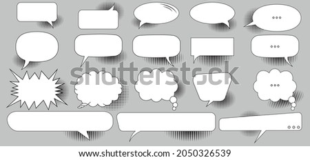 Set of retro empty comic book speech bubbles with black halftone shadows on a gray background. Empty white speech bubbles. Chat box, message box, vintage design. Fully editable vector illustration.