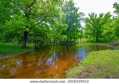 Spring photography in the river delta. European part. Spring flood of the river. The river floods during snowmelt and ice drift in spring.