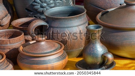 Texture, background, pattern. Folk art, Ceramic vessels obtained by high-temperature clay firing processing