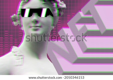 Modern business art NFT non-fungible token with a portrait of a statue wearing glasses. Royalty-Free Stock Photo #2050346153
