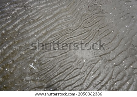 The background of sand mixed with black mud that forms a pattern of natural lines after the sea water recedes so that it looks unique for design purposes, environmental and ecological information. Royalty-Free Stock Photo #2050362386