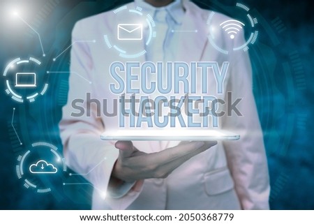 Sign displaying Security Hacker. Business showcase someone who explores methods for breaching defenses Lady Uniform Standing Tablet Hand Presenting Virtual Modern Technology