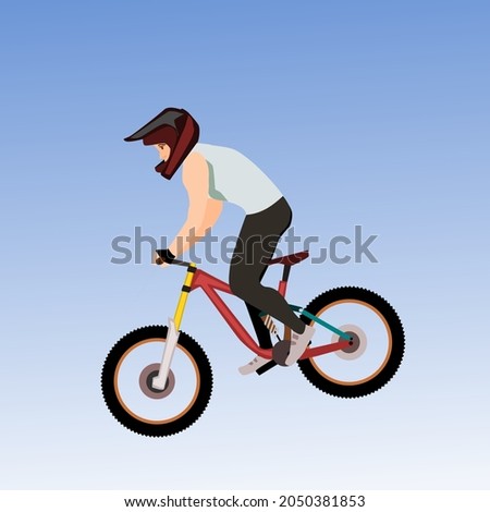 A man riding a downhill bike jumps in midair.with the sky in the background.vector illustration.