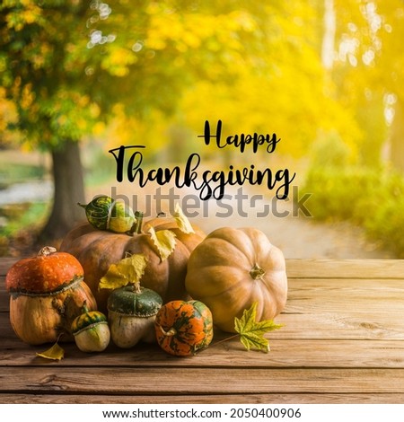 Happy Thanksgiving greeting card with lettering text on fall leaves.