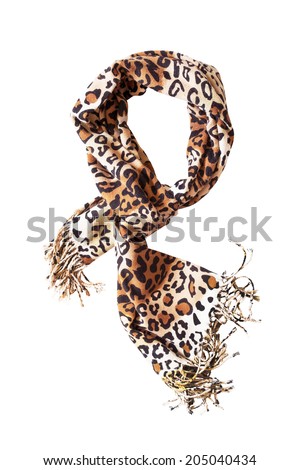 Tied leopard printed scarf with fringe on white background