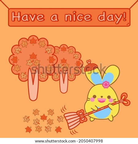 Happy Autumn concept. Happy cute bunny sweeping maple leaves with broom. Orange background. Kawaii rabbit adorable animal cartoon character smile doodle vector design. Have a nice day! Lovely card.