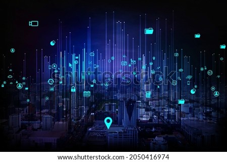 City scape at night and network connection concept