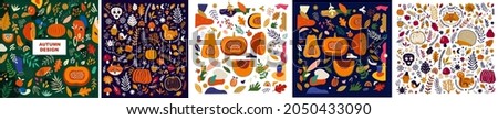 Collection of autumn illustrations with pumpkins, leaves, forest animals and halloween symbols