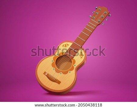 3d illustration of a wooden guitar with Mexican pattern, isolated purple background.