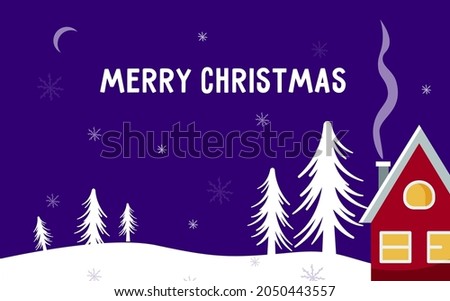 Winter natural background with a rural house, fir trees and the inscription Merry Christmas. Vector illustration