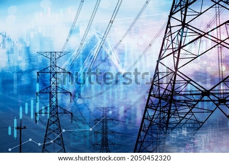market stock graph and information with city light and electricity and energy facility industry and business background Royalty-Free Stock Photo #2050452320
