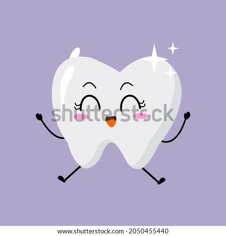 Child illustration of white teeth. Tooth character expression. Oral hygiene. Dentistry concept vector. Healthy tooth. Clean, happy, smile, jump