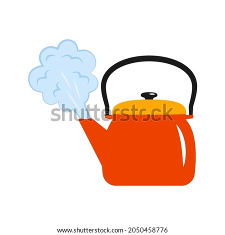 Red teapot boils. Teapot with closed lid, evaporating water from the spout, boil water. Concept boils head the newcomer. Vector illustration isolated on white background