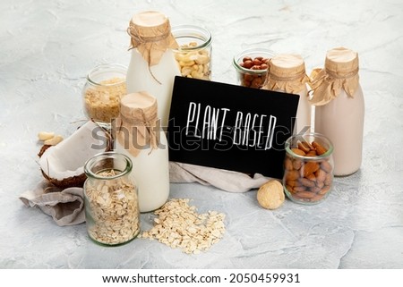 Assortment of non diary plant based milk. Organic vegan food concept.  Royalty-Free Stock Photo #2050459931